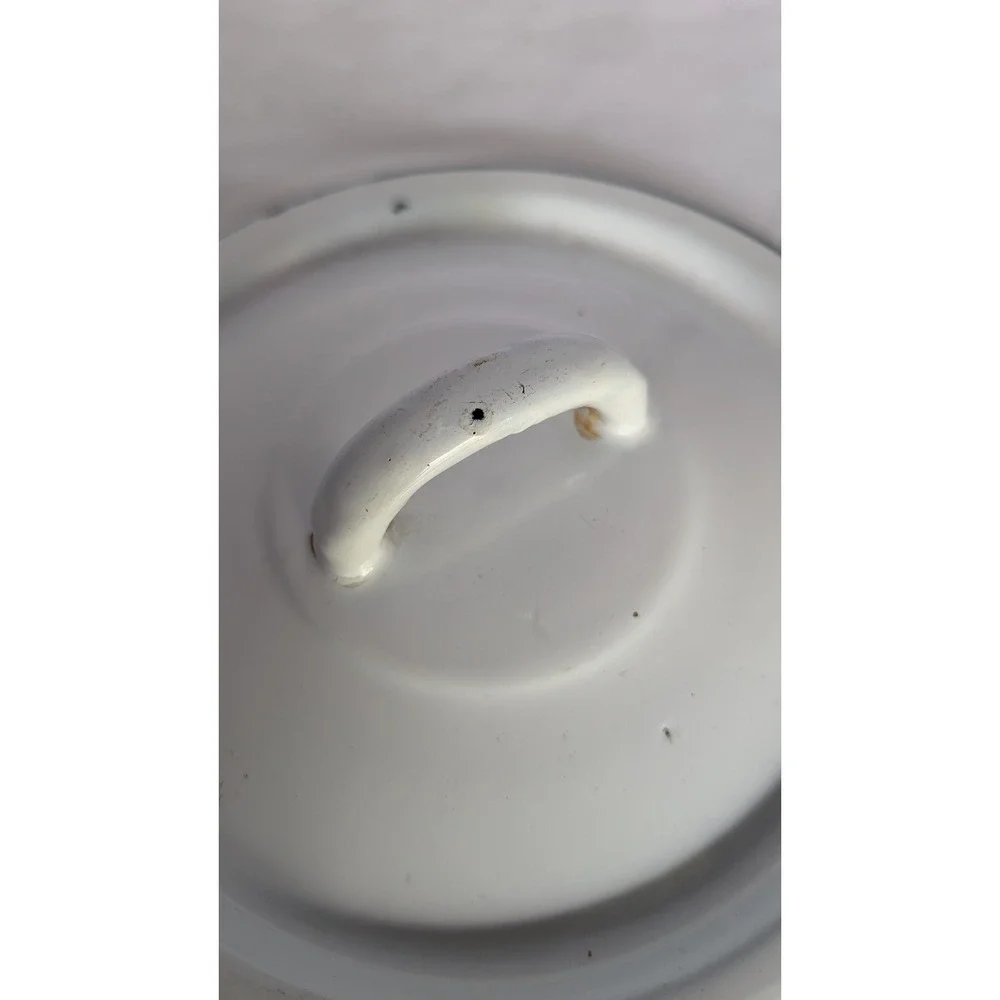 Vintage White Enamel Pot Lid Black Trim Replacement Farmhouse Cookware 7.25 Inch